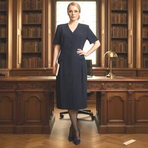 Vintage 90s Talbots Depeche Navy Button Front Midi Dress USA Dark Academia SZ L